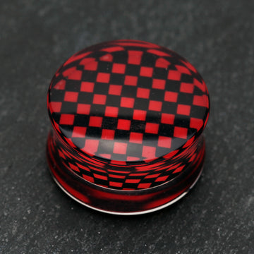 Detail View 1 of A Pair of Classic Checker Inlay Double Flared Ear Gauge Plug-Red